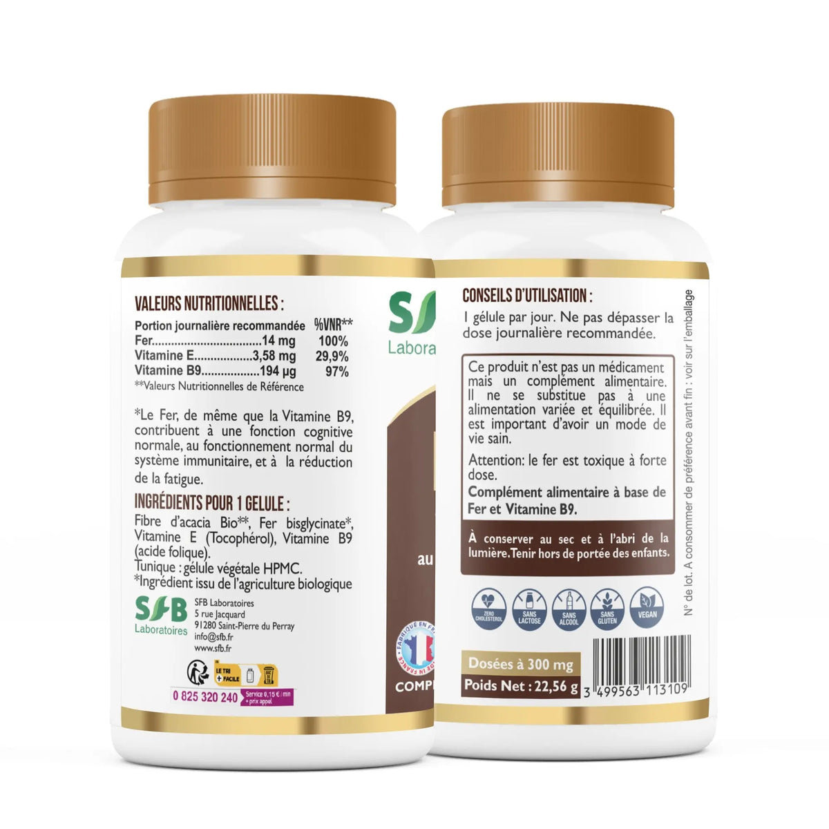 Fer Bisglycinate + B9 - 60 gélules SFB Laboratoires