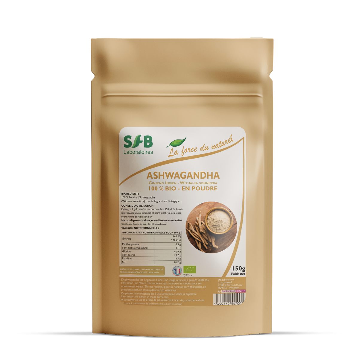 Sachets dorés contenant Ashwagandha biologique en poudre SFB Laboratoires