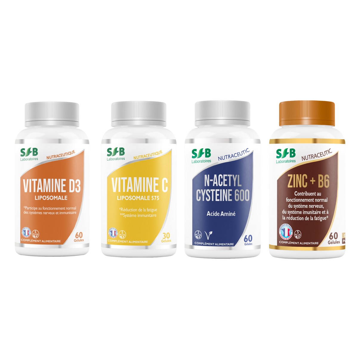 Quatre bouteilles de compléments alimentaires : VITAMINE D3, VITAMINE C, N-ACETY L CYSTEINE, et ZINC + B6