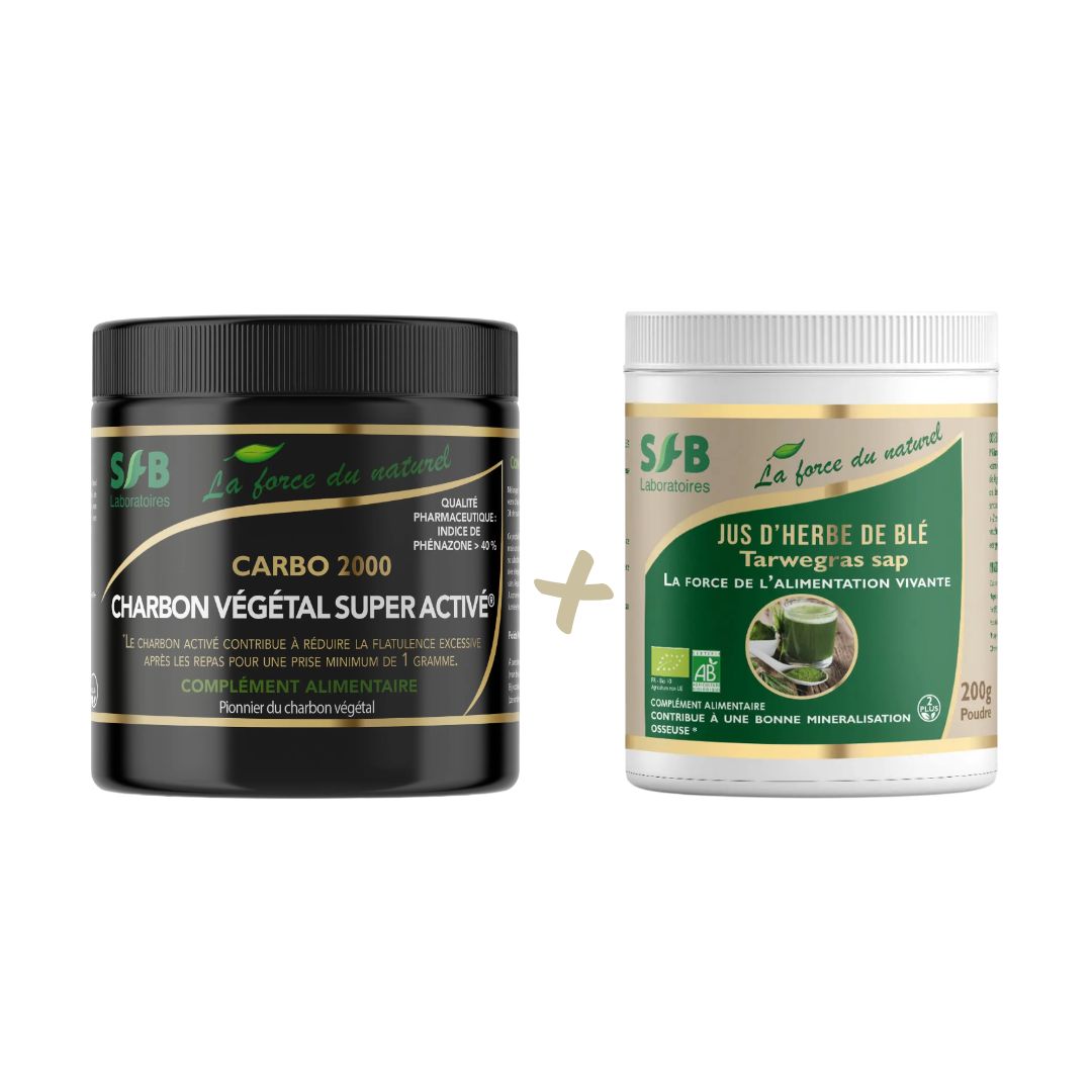 Pot de charbon végétal actif Carbo 2000 et pot de jus d’herbe de ble Tarwegras sap, ensemble en promotion.