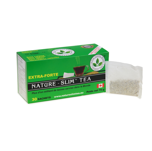Boîte de Thé Nature-Slim Tea Extra-Forte avec sachet de thé blanc à côté.