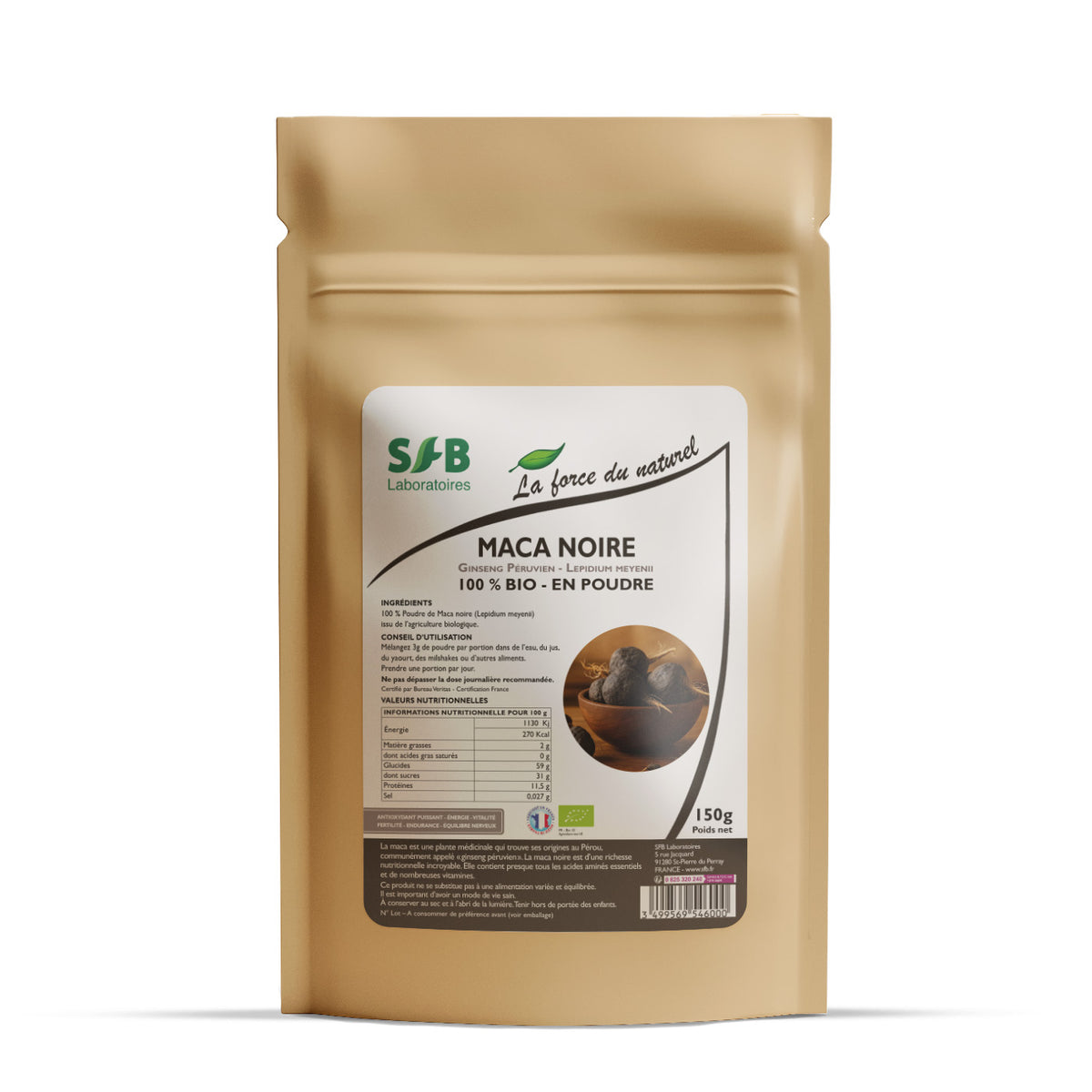 Poudre bio MACA NOIRE en sachet recyclable beige,